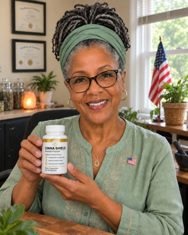 Mother Mieko holding a bottle of CinnaShield Ceylon cinnamon capsules